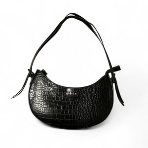 Black Faux Croc-Embossed Shoulder Bag